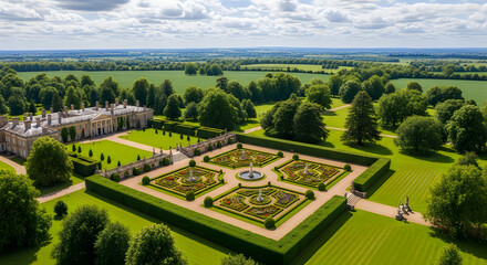 Fototapeta premium Aerial view of a grand historic manor house with beautiful symmetrical box hedge gardens and green parkland landscape