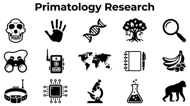 A collection of black and white icons representing diverse aspects of primatology research, including skulls, DNA, tracking, observation, and laboratory work.