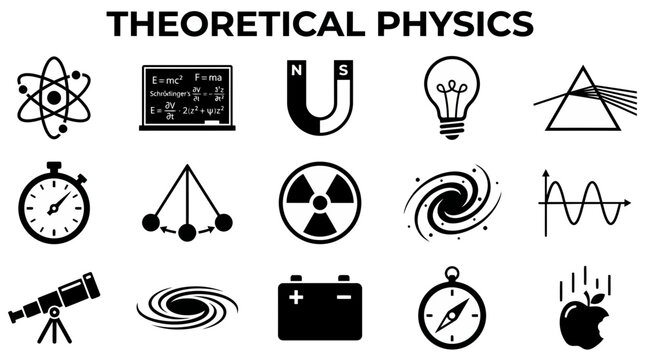 A collection of black and white icons illustrating various concepts and symbols associated with theoretical physics and scientific principles.