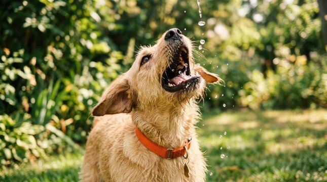 A playful golden retriever catching water on a sunny day in the garden