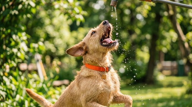 A thirsty dog drinking water from an outdoor faucet on a sunny day in a lush green garden
