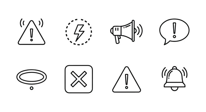 Collection of various warning and alert icons including caution, electricity, sound, and error symbols for safety