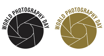 Fototapeta premium World photography day vector badge set featuring aperture shutter icons in black and golden colors on white background World Photography Day