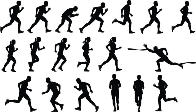 Black silhouette illustration of runners in motion sequence, sprinting, jogging, finish line victory, dynamic athletic sports concept design