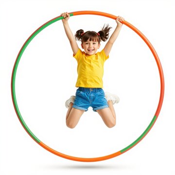 Girl Jumping Through Colorful Hula Hoop Against White Background