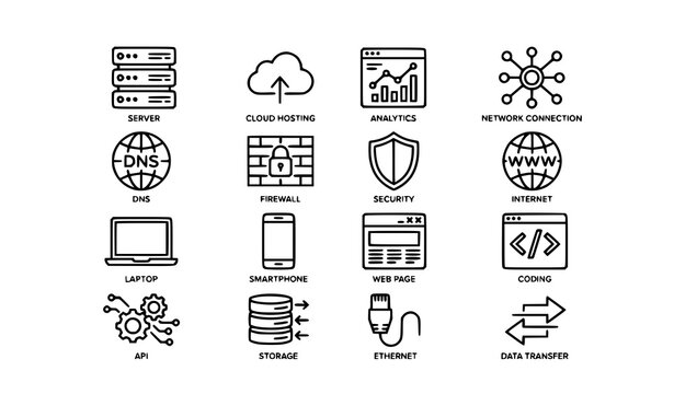 Web Hosting and Server Technology Outline Icons Collection