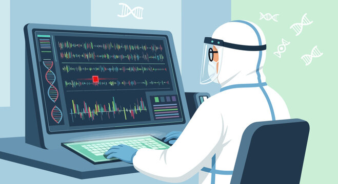 Scientist in Hazmat Suit Analyzing DNA Data on Futuristic Computer Screen