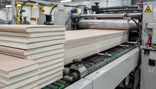 Industrial medium shot capturing the mass production of durable composition exercise books with sewn bindings and soft textured covers flowing rapidly through precision machinery.