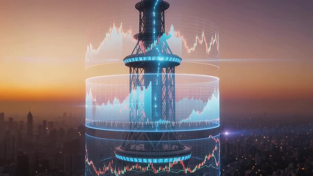 Futuristic illuminated tower with financial data graphs overlaid against a vibrant city skyline at sunset, symbolizing global markets and technological advancement.