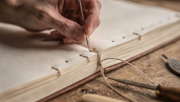 Closeup medium view of skilled hands stitching notebook pages together showcasing precision and traditional bookbinding craftsmanship.