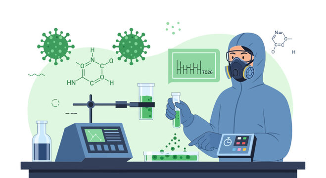 Scientist in hazmat suit conducts virus research with lab equipment and chemical formulas