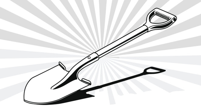 Garden shovel with a long handle and a cast shadow placed on a grey sunburst background for work and landscaping construction themes.