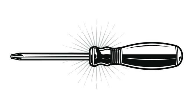 Hand tool screwdriver illustration with a light burst effect in a bold black and white graphic style for repair and DIY hobby themes.