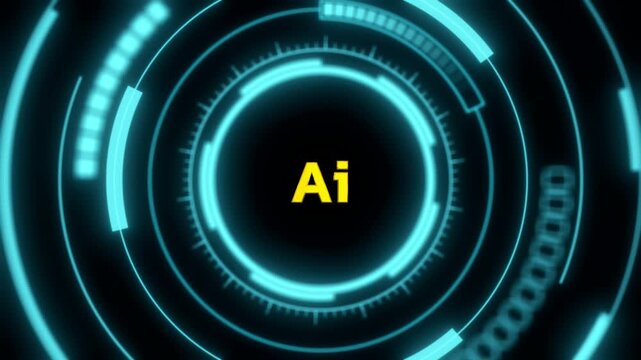 Futuristic neon blue circular interfaces with yellow letter a on black background animation sequence technology concept