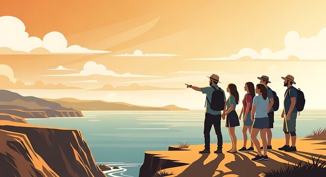 Group of friends on cliffside overlooking ocean.