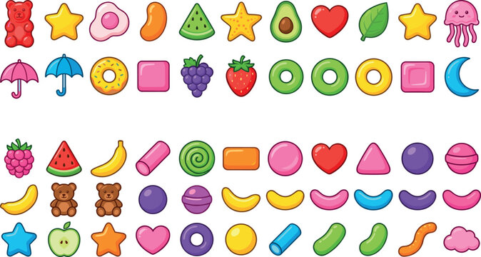 Cute Gummy Candy and Sweet Jelly Icon Collection with Fruit Shapes, Bears, Stars, and Hearts for Mobile Game Interface and Packaging Designs