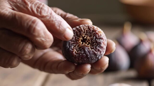 Close up of an elderly person's hands holding and examining a dried fig