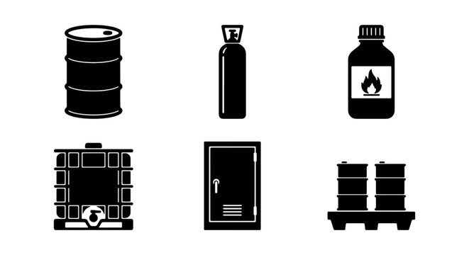 Industrial Storage Icons: Barrels, Tanks, Gas Cylinder, Flammable Liquid Bottle
