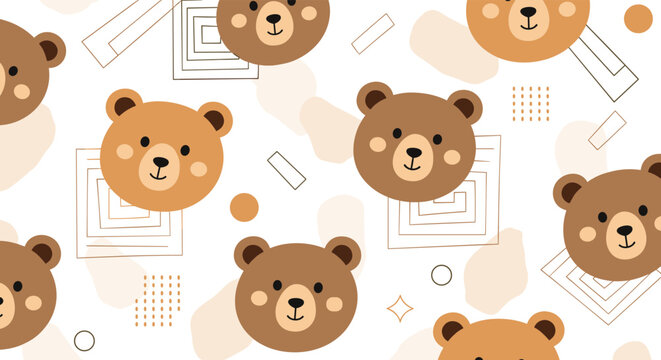 Seamless pattern of friendly teddy bear faces and abstract geometric shapes creates cute wallpaper for nursery design.
