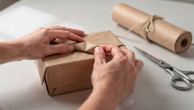 Medium shot of hands wrapping a gift with matte biodegradable paper wrap highlighting the smooth texture and ecofriendly compostable material.