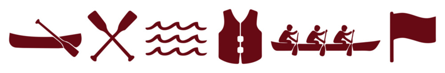 Rowing and canoeing icon set, dark red nautical symbols for water sports, flat vector boat and paddle elements for outdoor adventure branding © Hinaa