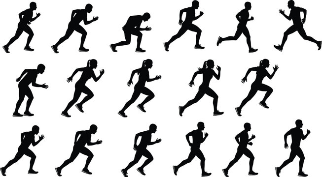 Black silhouettes of running figures showing motion sequence, athletic stride cycle vector illustration for sports and animation design