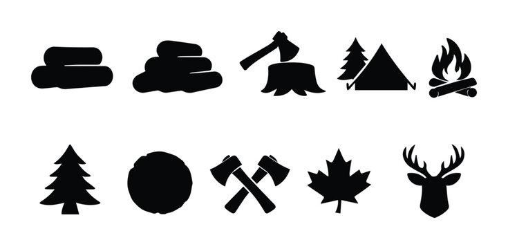 Rustic camping icons set, black silhouette outdoor adventure symbols, 10 lumberjack and wilderness vector elements for forest recreation branding