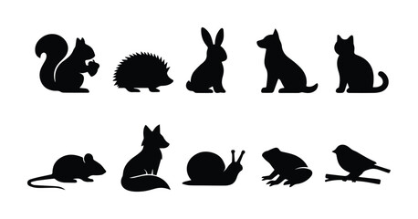 Black animal silhouettes collection, set of 10 forest and domestic animal icons, minimalist wildlife vector shapes for nature logos and branding © Hinaa