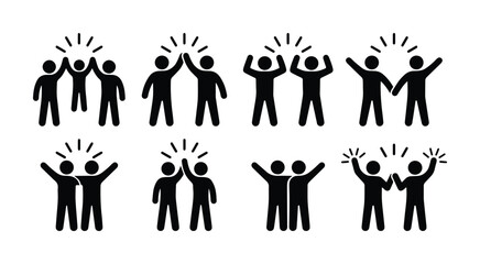 Success and teamwork icon set, black stick figure people celebrating victory, high five and cheering gestures, business partnership vector collection © Hinaa