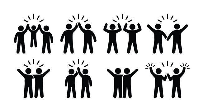 Success and teamwork icon set, black stick figure people celebrating victory, high five and cheering gestures, business partnership vector collection
