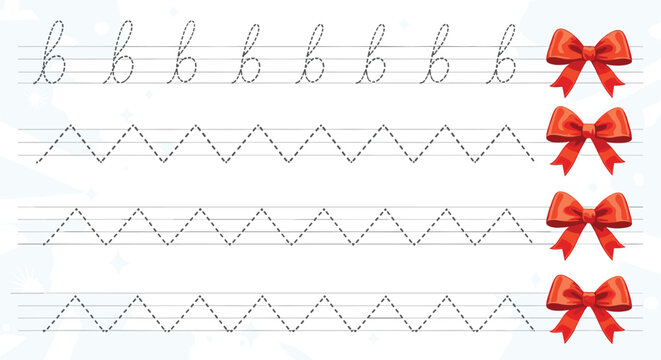 Handwriting practice page for letter b includes red bow illustrations and dotted lines for preschooler education.