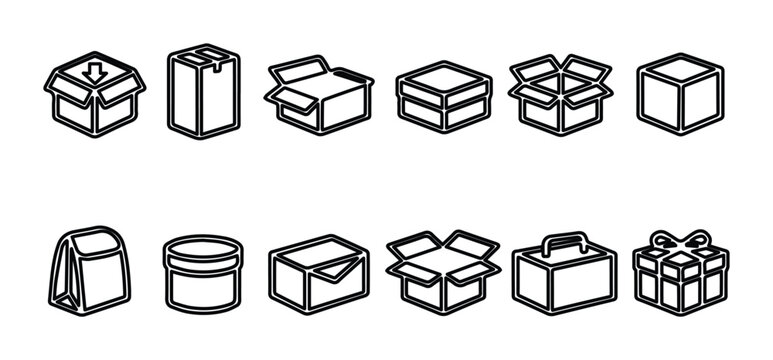 Minimalist cardboard box line icons, set of 12 packaging vector symbols, isometric shipping and delivery container outlines for logistics and e-commerce