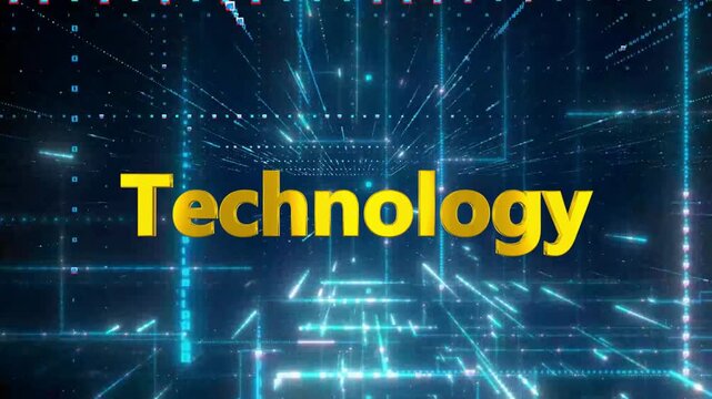 Futuristic technology background with neon blue grid and yellow text animation digital landscape cyber space concept 3d rendering