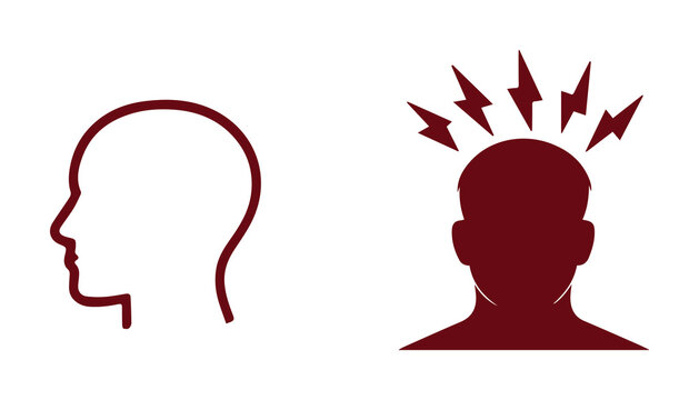 Headache and migraine relief vector icons, human head silhouette with lightning bolts, chronic pain and stress management symbols in dark red
