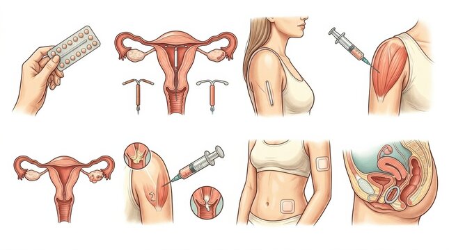 Various contraception methods are shown, highlighting different techniques and devices used in womens health and gynecology practices.