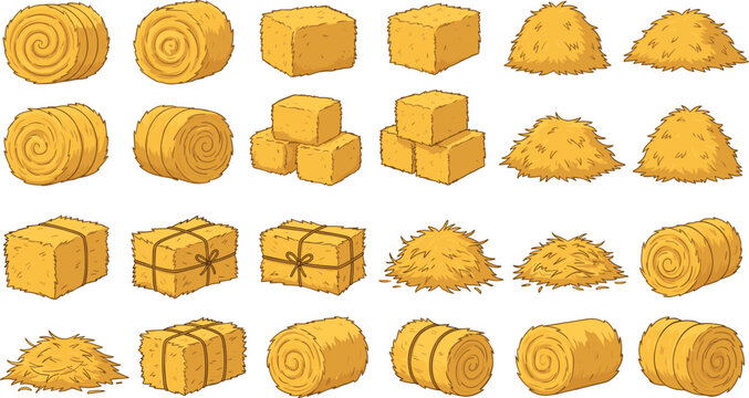 Farm Haystack and Straw Bale Vector Icon Set with Round Rolls and Square Bundles for Countryside Village Game Designs
