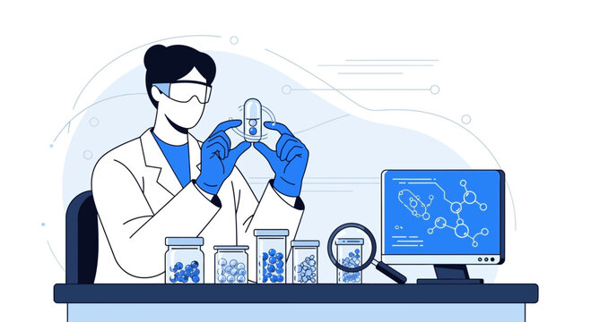 Scientist examining sample in laboratory with molecular structure on computer screen