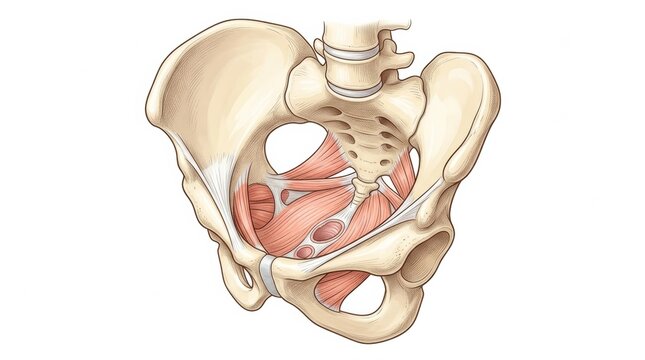 Pelvic floor muscles in detail, highlighting their structure and placement within the human body for medical study.