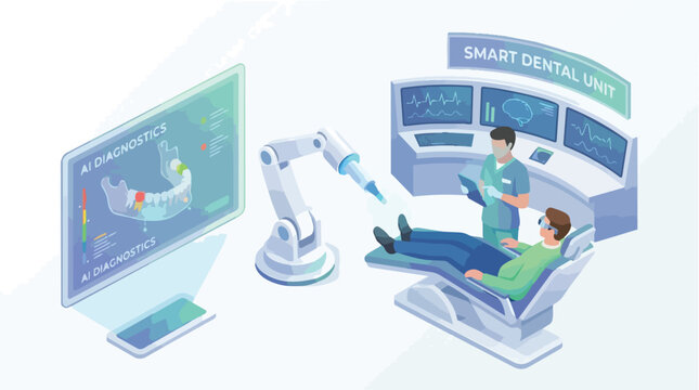 Smart dental robotic surgery system with dentist and patient.