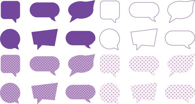 Purple speech bubbles vector collection, diverse chat box shapes, communication message icons, thought balloon graphics for UI/UX design isolated PNG with Transparent Background
