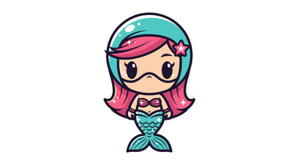 Fototapeta premium Cute Mermaid Character Illustration - Kawaii Style, Pink Hair, Teal Tail, Star Accessory