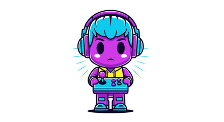 Cute Gamer Kid with Headphones and Joystick, Playing Video Games, Cartoon Style © Free vector