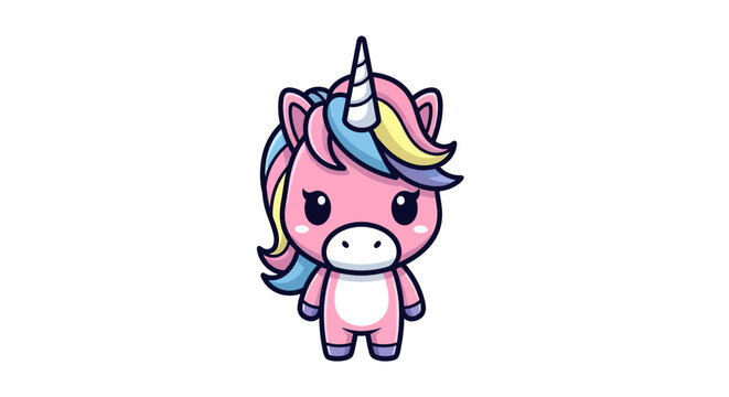 Cute Pink Unicorn Chibi Cartoon Character with Rainbow Mane and Horn
