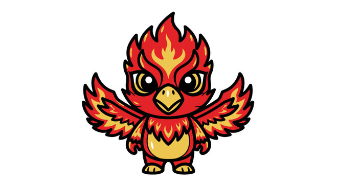 Cute Fiery Phoenix Bird Cartoon Character, Mythical Creature