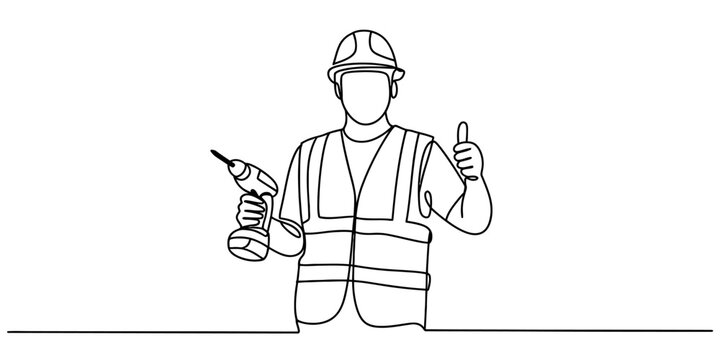 Continuous single line drawing of a construction worker wearing a hard hat and safety vest holding a power drill and giving a thumbs up gesture Vector, illustration