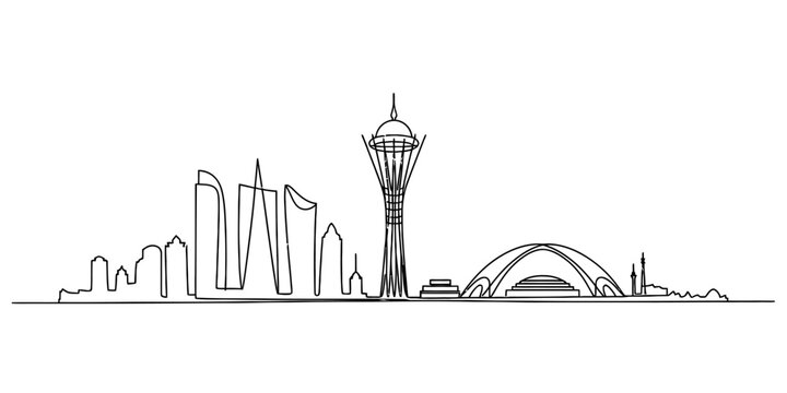 Astana city skyline drawing with one continuous line showing famous buildings and the bayterek tower in a simple black and white outline style Vector, illustration
