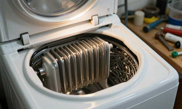 shot washing machine heating element illuminated soft overhead lighting positioned cluttered workshop