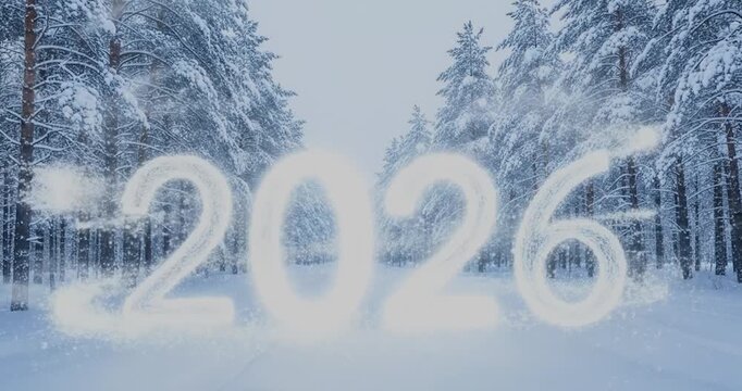 Snowy Forest with 2026 New Year Text Overlay.