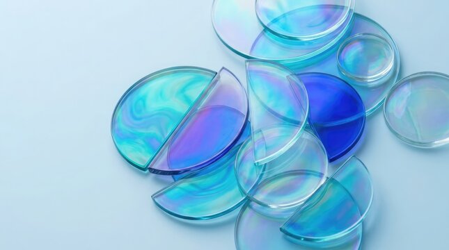Abstract arrangement of iridescent glass lenses on a light blue surface studio lighting