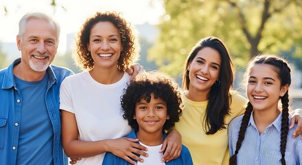 Obraz premium Diverse family smiling together outdoors happily.